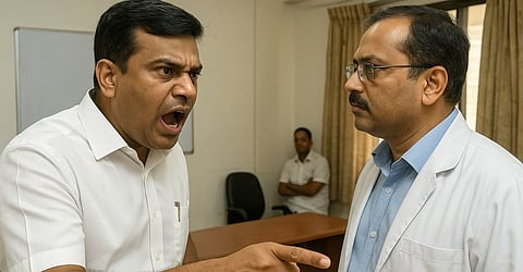 इस तस्वीर में एक व्यक्ति गुस्से में दूसरे व्यक्ति पर चिल्ला रहा है। सामने खड़ा व्यक्ति सफ़ेद कोट पहने हुए है, जो डॉक्टर रुद्रेश कुट्टीकर है, और वह गंभीर मुद्रा में सुन रहा है।