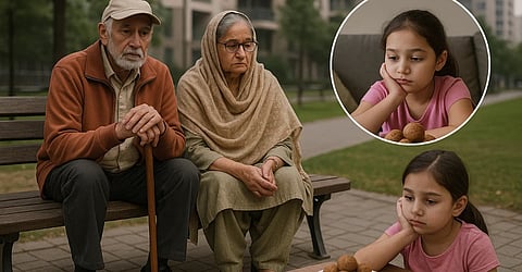 इस तस्वीर में दादा-दादी और दो बच्चों को दिखाया गया है।