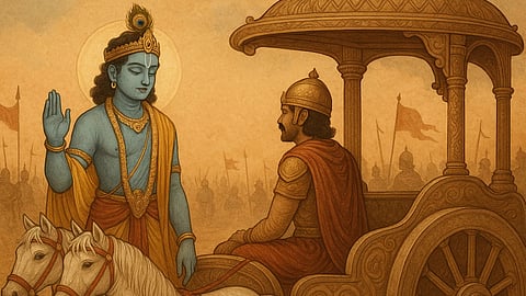 श्री कृष्णा और अर्जुन युद्ध के मैदान में