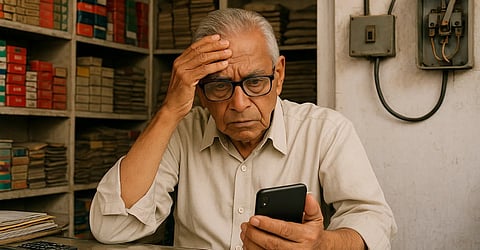 इस तस्वीर में एक बुज़ुर्ग व्यक्ति बहुत चिंतित बैठे हुए हैं, जैसे उनके साथ कोई धोखा हुआ हो। वे अपने सिर पर हाथ रखे हुए हैं और एक फ़ोन को देख रहे हैं।