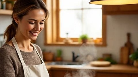 किचन में खड़ी महिला खाना बनाती हुई नजर आ रही है|