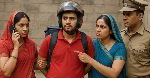 इस फोटो में दो महिलाएँ एक व्यक्ति को पुलिस के साथ ले जा रही हैं, और वह व्यक्ति एक डिलीवरी बॉय है।