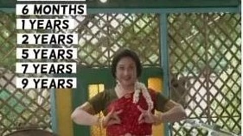 भरतनाट्यम करती हुई लड़की रंगीन परिधान में क्लासिकल डांस पोज़ में|