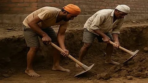 अशोकनगर में खदाई करते लोग, जमीन से मानव कंकाल मिलने का दृश्य|