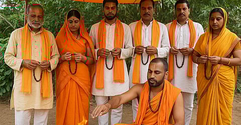 इस तस्वीर में चार पुरुष, दो महिलाएँ और एक पंडित दिखाई दे रहे हैं। सभी पुरुषों ने गेरुआ रंग का गमछा अपने गले में डाला हुआ है और महिलाएँ गेरुए रंग की साड़ी पहने हुए हैं।