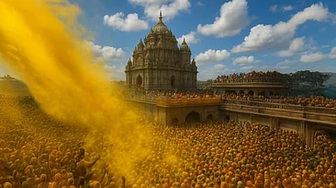 जेजुरी खंडोबा मंदिर में हल्दी की होली खेलते भक्त और उड़ती हल्दी का रंगीन दृश्य|