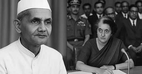 इस तस्वीर में शास्त्री जी और इंदिरा गांधी दिखाई दे रहीं हैं, और इंदिरा गांधी के पीछे काफी लोग बैठे हुए हैं।