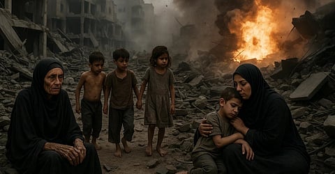 इस तस्वीर में चार बच्चे और दो महिलाएँ दिखाई दे रही हैं। एक महिला के गोद में एक बच्चा है और तीन बच्चे खड़े हुए हैं। एक वृद्ध महिला किनारे पर बैठी हुई है।