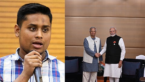 तस्वीर में एक तरफ हसनत अब्दुल्ला और दूसरी तरफ नरेंद्र मोदी और मोहम्मद यूनुस