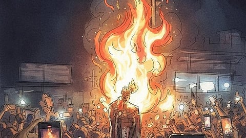 भीड़ और आग की लपटों के बीच खड़ा एक बांग्लादेशी व्यक्ति।