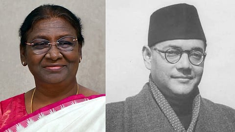 तस्वीर में एक तरफ राष्ट्रपति द्रौपदी मुर्मू, दूसरी तरफ सुभाष चंद्र बोस