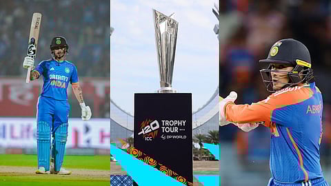 तस्वीर में एक तरफ ईशान किशन, बीच में टी20 वर्ल्ड कप की ट्रॉफी, दूसरी ओर अभिषेक शर्मा