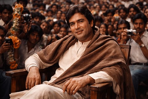 राजेश खन्ना (Rajesh Khanna) कुर्सी पर बैठे और मुस्कुराते हुए