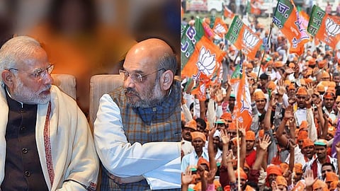 तस्वीर में एक तरफ मोदी शाह, तो दूसरी ओर बीजेपी पार्टी का झंडा