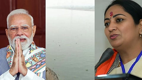 तस्वीर में नरेंद्र मोदी, रेखा गुप्ता और यमुना नदी।