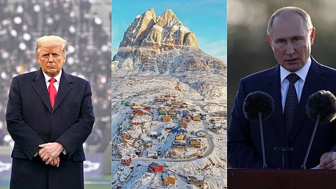 तस्वीर में डोनाल्ड ट्रंप पुतिन के साथ ग्रीनलैंड की भी फोटो।