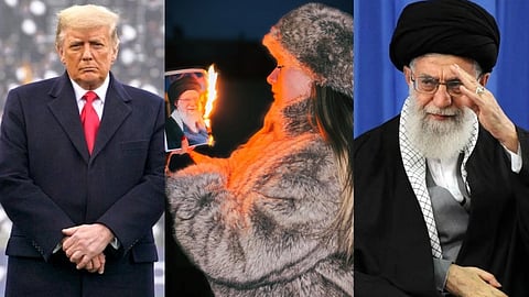 तस्वीर में डोनाल्ड ट्रंप और खामनेई साथ में एक लड़की फोटो जलाते हुए