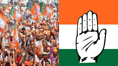 तस्वीर में भाजपा-कांग्रेस के चुनाव निशान सहित ध्वज देखे जा सकते हैं।