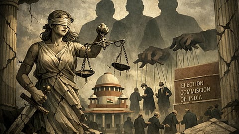 इस तस्वीर में कोर्ट, चुनाव आयोग से सम्बंधित चित्र देखे जा सके हैं।