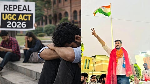 तस्वीर में पूर्व छात्र नेता रौनक खत्री और उदास विद्यार्थी