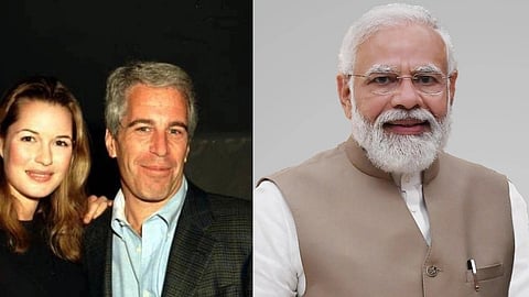 तस्वीर में एपस्टीन और मोदी को देखा जा सकता है।