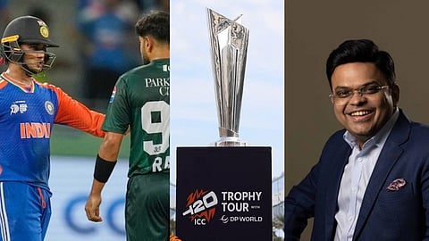 तस्वीर में जय शाह, भारत-पाकिस्तान मैच की तस्वीर और टी20 वर्ल्ड कप की ट्रॉफी