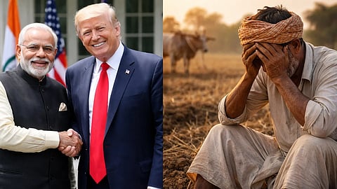 तस्वीर में नरेंद्र मोदी-डोनाल्ड ट्रंप और उदास किसान