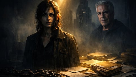 एक युवा महिला खड़ी है। उसके चेहरे पर थकान, दर्द और दृढ़ता का भाव साफ़ दिखाई देता है। पृष्ठभूमि में धुंध के बीच एक अधेड़ उम्र का पुरुष खड़ा दिखाई देता है।