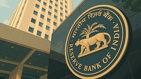 एक बिल्डिंग के सामने भारतीय रिजर्व बैंक (RBI) के लोगो (logo) को देखा जा सकता है।