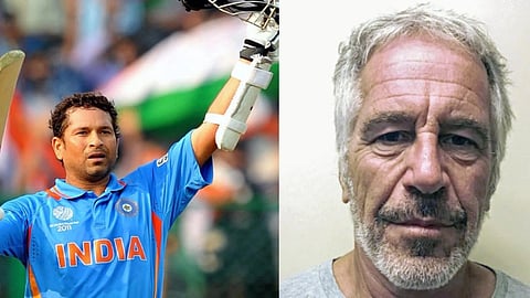 एक तरफ भारतीय क्रिकेट टीम की जर्सी में बैट उठाकर जश्न मनाते सचिन तेंदुलकर, दूसरी तरफ एक उम्रदराज़ व्यक्ति का क्लोज़-अप चेहरा जेफ्री एपस्टीन