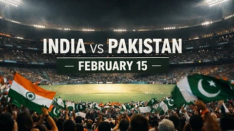 रोशनी से जगमगाता क्रिकेट स्टेडियम, जिसमें भीड़ भारतीय और पाकिस्तानी झंडे लहराती दिख रही है; स्क्रीन पर बड़े अक्षरों में लिखा है “INDIA vs PAKISTAN-FEBRUARY 15”