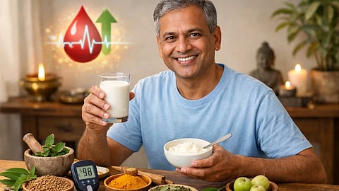 एक मध्यम आयु का व्यक्ति मुस्कुराते हुए हाथ में दूध का गिलास और दही का कटोरा पकड़े बैठा है। सामने मेज़ पर स्वस्थ खाने का सामान रखा है और पास में ब्लड शुगर मापने की मशीन दिखाई दे रही है।