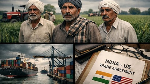 पंजाब के खेतों में खड़े चिंतित किसान, नीचे एक तरफ बंदरगाह पर कंटेनर शिप और दूसरी तरफ ‘India-US Trade Agreement’ लिखा दस्तावेज, जो कृषि और अंतरराष्ट्रीय व्यापार के प्रभाव को दिखा रहा है