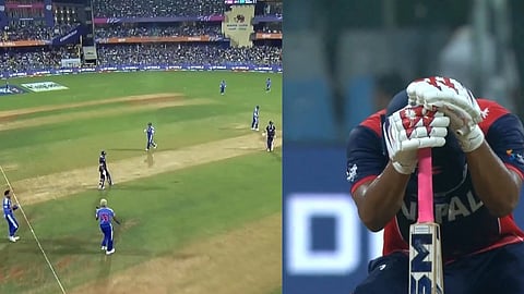 टी20 विश्व कप 2026 मैच का दृश्य, एक तरफ भरा हुआ क्रिकेट स्टेडियम और मैदान पर खिलाड़ी, दूसरी तरफ निराश बल्लेबाज़ सिर झुकाए बैठा हुआ