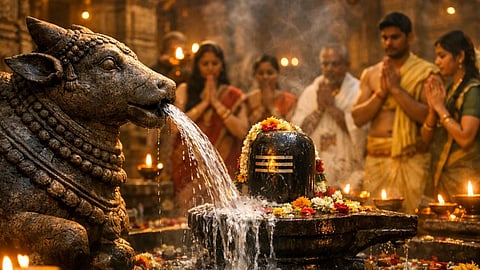 मंदिर में नंदी प्रतिमा के मुख से बहती जलधारा से शिवलिंग का जलाभिषेक करते श्रद्धालु, चारों ओर दीपक और फूलों से सजा सुंदर दृश्य