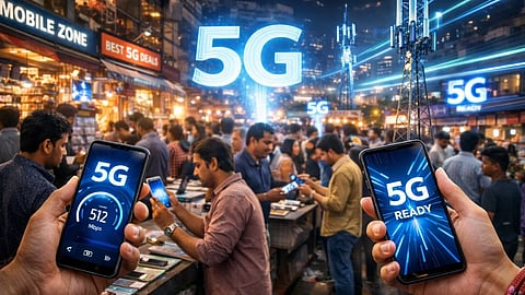 भारत के भीड़भाड़ वाले मोबाइल बाजार में लोग सस्ते 5G स्मार्टफोन खरीदते हुए, हाथ में 5G-ready फोन और पीछे 5G नेटवर्क टावर व डिजिटल साइन दिखते हुए