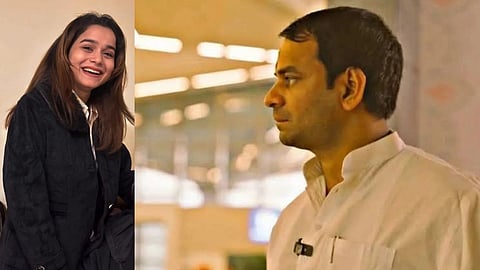 एक तरफ मुस्कुराती हुई अनुष्का यादव और दूसरी तरफ सफेद कुर्ता पहने तेज प्रताप यादव।