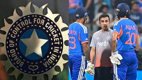 बाईं ओर BCCI का लोगो दिखाई दे रहा है, जबकि दाईं ओर क्रिकेट मैदान पर भारतीय टीम के दो खिलाड़ी कोच बातचीत करते हुए नजर आ रहे हैं।