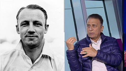 बाईं ओर पूर्व क्रिकेटर डॉन ब्रैडमैन दिखाई दे रहे हैं, और दाईं ओर एक आधुनिक टीवी स्टूडियो में बैठे पूर्व क्रिकेटर सुनील गावस्कर चर्चा करते हुए हाथ के इशारे कर रहे हैं।