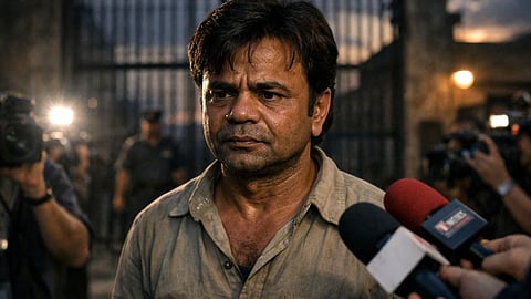 जेल के गेट के सामने खड़े चिंतित दिख रहे अभिनेता राजपाल यादव, जिनके आसपास मीडिया कैमरे और माइक लिए रिपोर्टर मौजूद हैं, पीछे में सुरक्षा कर्मी और जेल की सलाखें दिखाई दे रही हैं।