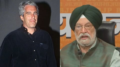 बाईं ओर जेफरी एपस्टीन काले शर्ट में खड़ा दिखाई दे रहा है, जबकि दाईं ओर हरदीप सिंह पुरी प्रेस कॉन्फ्रेंस के दौरान हरे रंग की पगड़ी और जैकेट पहने बोलते नजर आ रहे हैं।