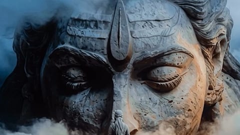 विशाल पत्थर से बनी भगवान शिव के चेहरे की मूर्ति का क्लोज-अप दृश्य, जिसमें बंद आंखें, त्रिशूल का प्रतीक चिन्ह और धुएँ जैसा वातावरण आध्यात्मिक माहौल बना रहा है।