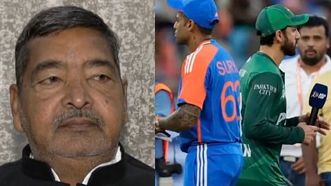 बाएँ तरफ एक वरिष्ठ नेता वीरेंद्र सिंह का क्लोज़-अप चित्र दिखाई दे रहा है, जबकि दाईं ओर क्रिकेट मैदान पर भारत और पाकिस्तान के खिलाड़ी मैच से पहले बातचीत करते नजर आ रहे हैं।