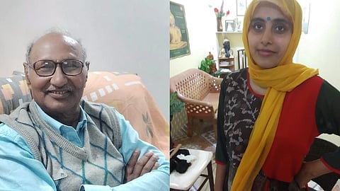 बाईं और एक बुजुर्ग व्यक्ति जिन्होंने नीला शर्ट पहना है जबकि दूसरी ओर एक महिला जिसने काले रंग के कपड़े पहने हैं और सिर दुपट्टे से ढका है।