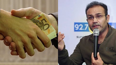 बाईं ओर रिश्वत देते हुए दो व्यक्तियों का हाथ जबकि दाईं ओर वीरेंद्र सहवाग जिनके हाथ में माइक है और वो कुछ कह रहे हैं।