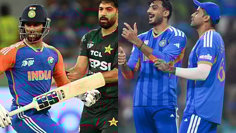 भारतीय और पाकिस्तानी क्रिकेट खिलाड़ियों का मैच के दौरान दृश्य, बाईं ओर भारत का बल्लेबाज़ नीली जर्सी में शॉट खेलते हुए, पास में पाकिस्तानी गेंदबाज़ जबकि दाईं ओर भारतीय खिलाड़ी विकेट मिलने के बाद जश्न मनाते हुए।