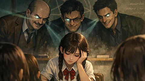 तीन शिक्षक जो एक छात्रा को बुरी नज़र से देख रहे हैं। छात्रा के अलग-बगल अन्य लड़कियां भी हैं।