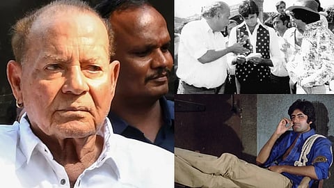 बाईं ओर सफ़ेद शर्ट में सलीम खान हैं जबकि दाईं ओर ऊपर में अमिताभ बच्चन फिल्म की शूटिंग करते हुए। वहीं, नीचे की ओर उनके फिल्म का एक दृश्य जिसमे वो नीले शर्ट में नज़र आ रहे हैं।