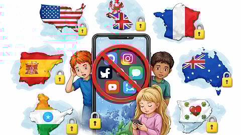 एक स्मार्टफोन पर सोशल मीडिया ऐप्स के ऊपर प्रतिबंध का चिन्ह दिखाया गया है। आसपास बच्चों की चिंतित अभिव्यक्तियाँ और अमेरिका, ब्रिटेन, फ्रांस, स्पेन, ऑस्ट्रेलिया व भारत सहित कई देशों के नक्शों पर ताले के प्रतीक दर्शाए गए हैं, जो बच्चों के लिए सोशल मीडिया प्रतिबंध को दर्शाते हैं।