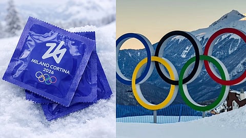 बर्फ पर रखे मिलानो कॉर्टिना 2026 ओलंपिक ब्रांडेड कंडोम पैकेट के साथ बर्फीले पहाड़ों के बीच ओलंपिक रिंग्स का दृश्य